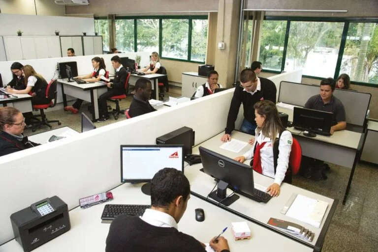 ambiente de escritório com funcionários trabalhando em computadores e comunicações profissionais, no ambiente janelas grandes com vista para arvores no fundo